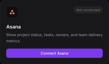 The Asana integration card where you paste your Asana Personal Access Token.