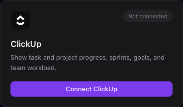 The ClickUp integration card with the Connect ClickUp button.