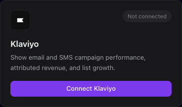 The Klaviyo integration card with the Connect Klaviyo button.