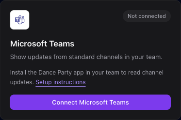 The Microsoft Teams integration card with the Connect Microsoft Teams button and a link to the Teams app setup instructions.