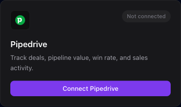The Pipedrive integration card with a field to paste your Pipedrive API token.