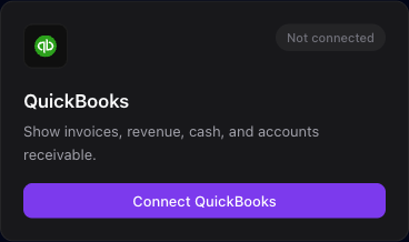The QuickBooks integration card with the Connect QuickBooks button.