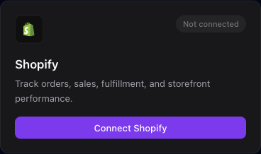 The Shopify integration card where you enter your store domain and paste a read-only Admin API access token.