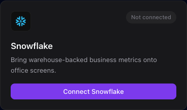The Snowflake integration card where you enter your account and user and paste the private key for key-pair auth.