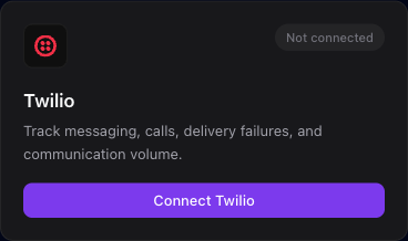 The Twilio integration card where you enter your Twilio Account SID and Auth Token.
