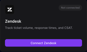 The Zendesk integration card where you enter your Zendesk subdomain, agent email, and API token.