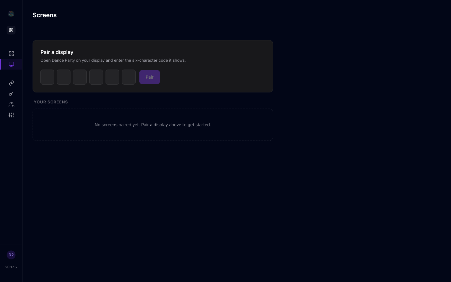 The Screens page in Dance Party where you pair a display and assign a dashboard.