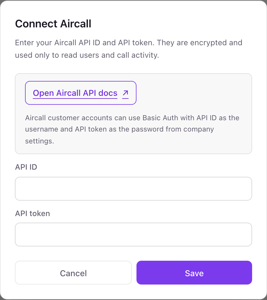 The Connect Aircall pop-up with a link to Aircall's API docs and fields for API ID and API token