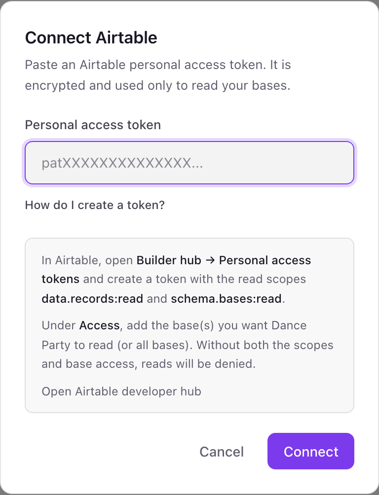 The Connect Airtable pop-up with a Personal access token field and the expanded How do I create a token help naming the two read scopes