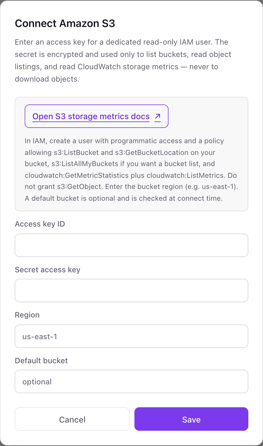 The Connect Amazon S3 pop-up asking for Access key ID, Secret access key, Region, and an optional Default bucket, with the IAM permissions listed above the fields