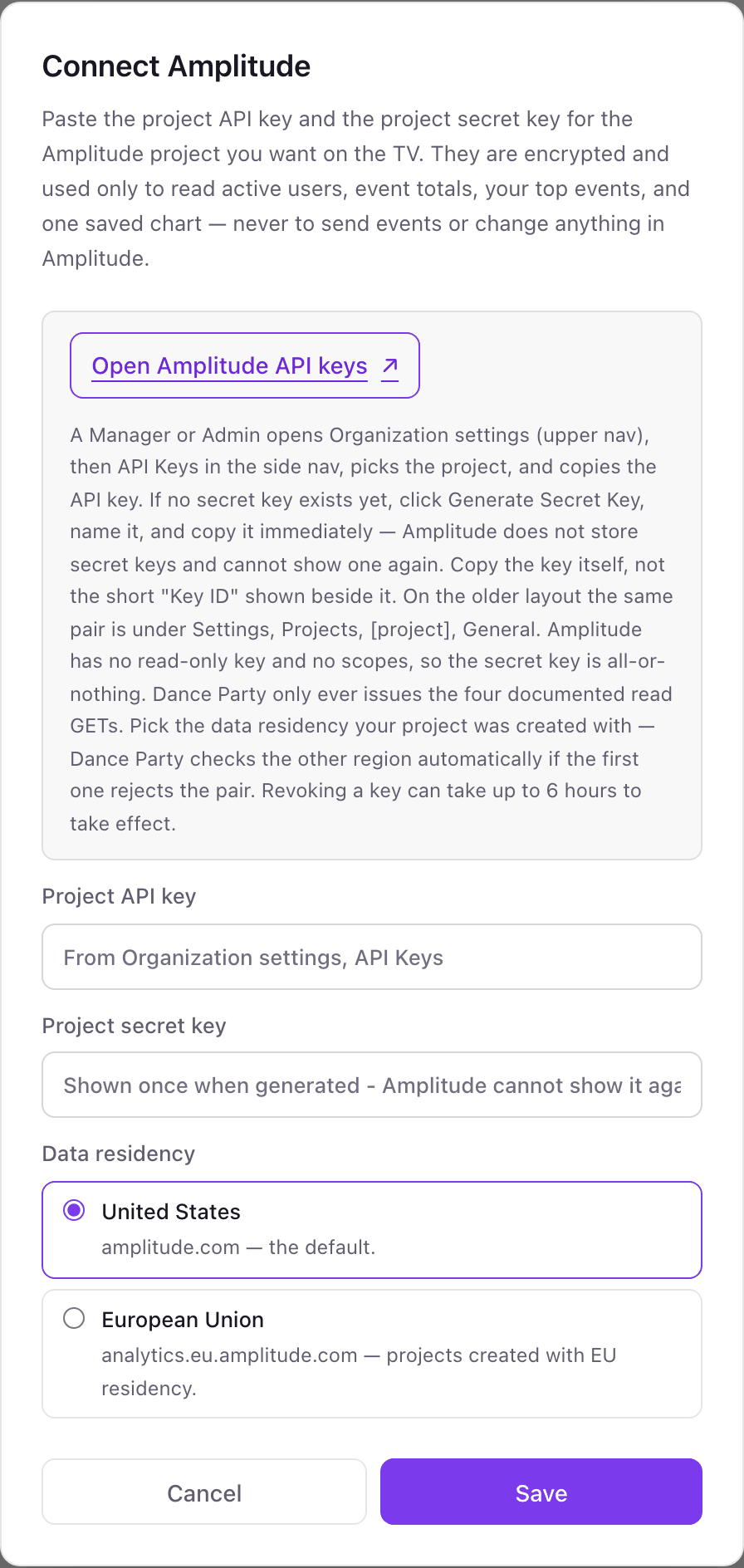 The Connect Amplitude pop-up with Project API key and Project secret key fields, a United States or European Union data residency choice, and a Save button