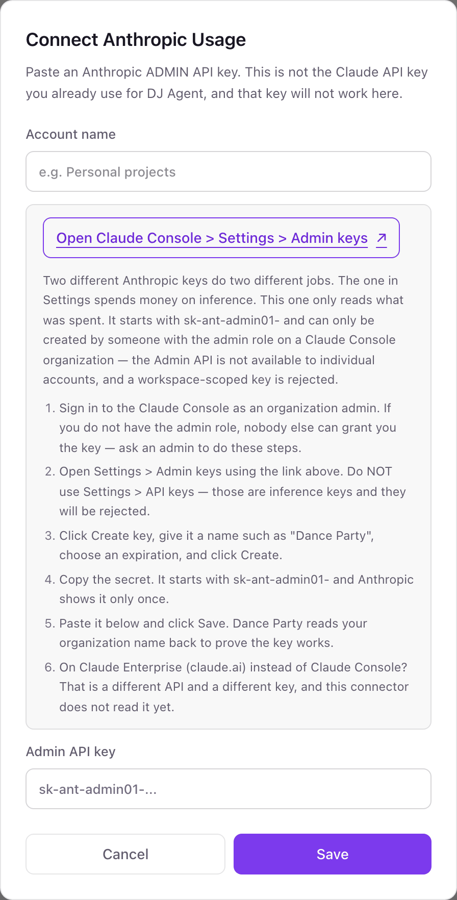 The Connect Anthropic Usage pop-up with an Account name field, a link to Claude Console Admin keys, six numbered steps, and the Admin API key field