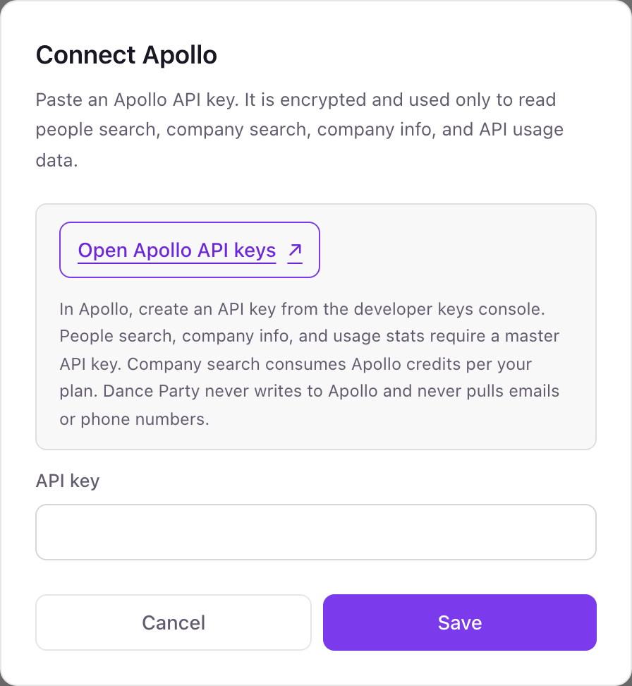 The Connect Apollo pop-up with an Open Apollo API keys link, a note about master keys and credits, an API key field, and a Save button