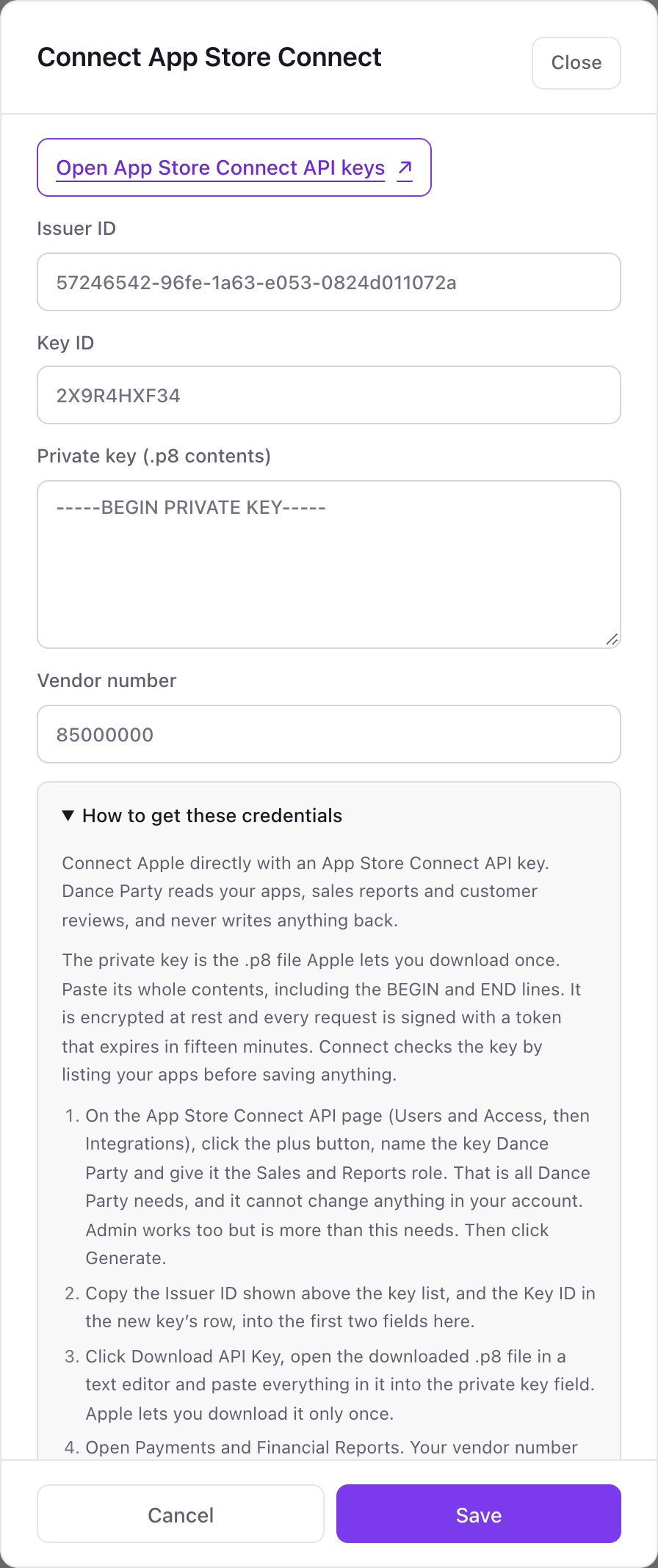 The Connect App Store Connect pop-up with fields for Issuer ID, Key ID, the .p8 private key and vendor number, and the How to get these credentials steps expanded