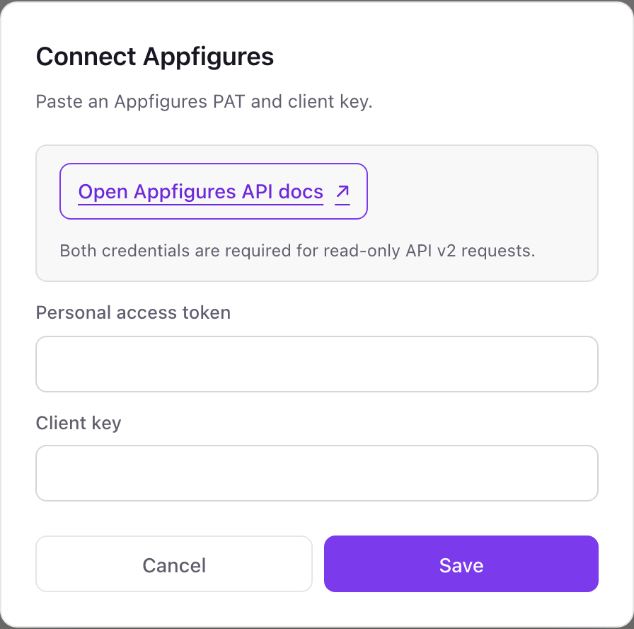 The Connect Appfigures pop-up with a link to the Appfigures API docs and two fields, Personal access token and Client key