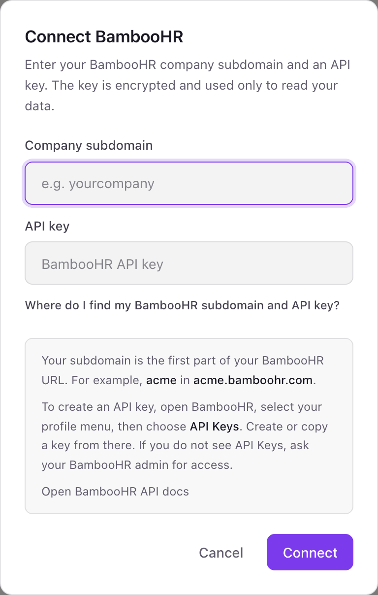 The Connect BambooHR pop-up in Dance Party, with Company subdomain and API key fields and help for finding both