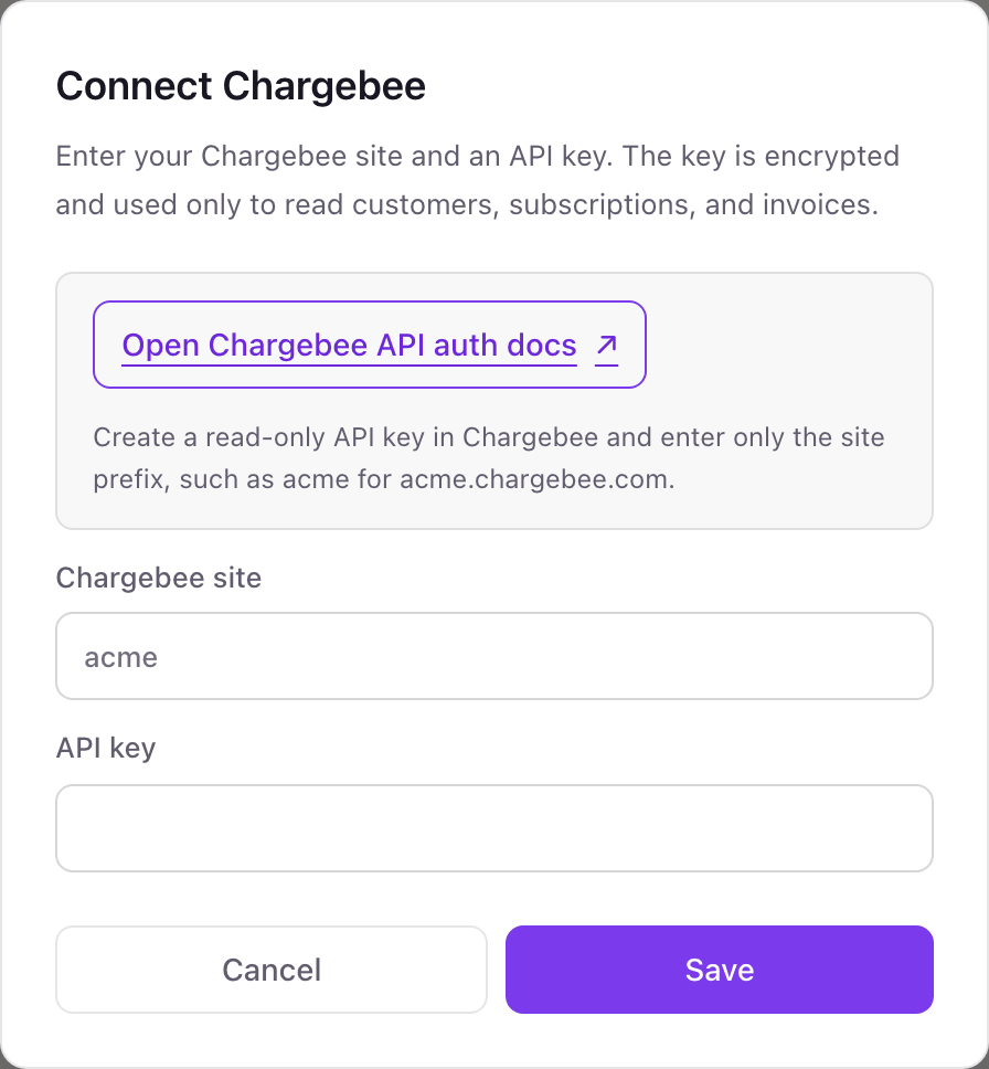 The Connect Chargebee pop-up with setup help and fields for Chargebee site and API key