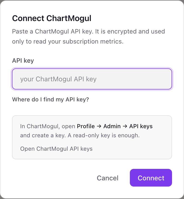The Connect ChartMogul pop-up with a single API key field and its Where do I find my API key? help open