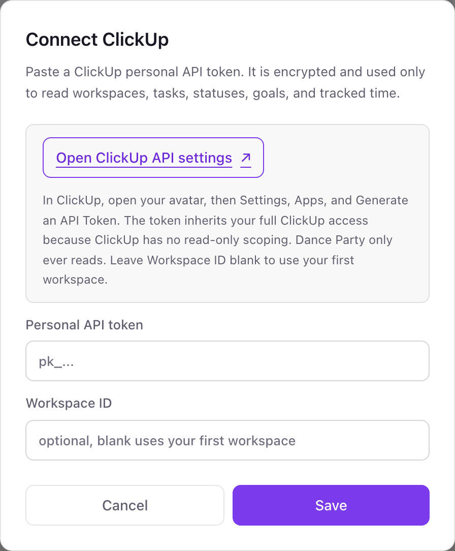The Connect ClickUp pop-up with a Personal API token field, an optional Workspace ID field, and a link to ClickUp API settings