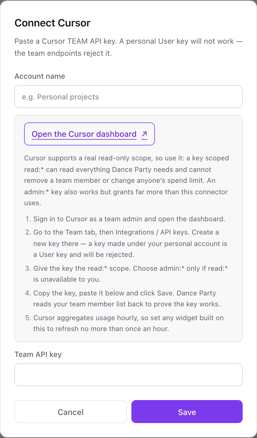 The Connect Cursor pop-up with an Account name field, an Open the Cursor dashboard link, five numbered steps, and the Team API key field