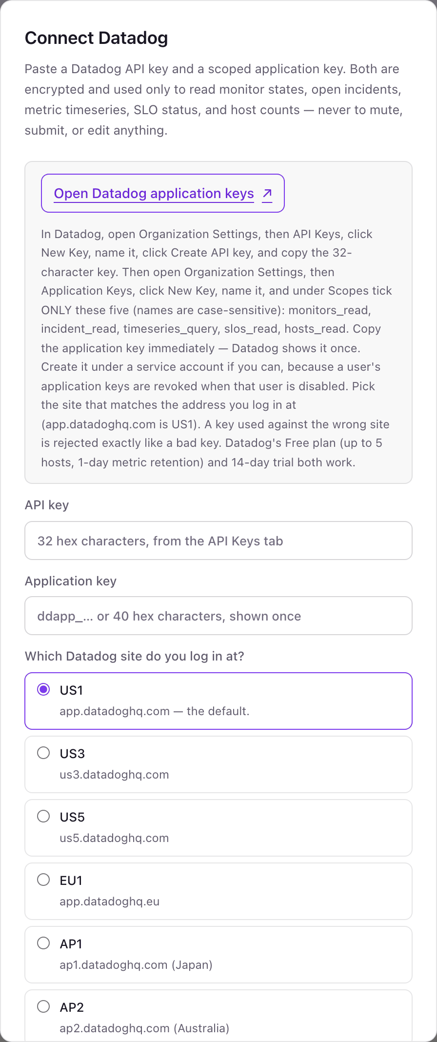 The Connect Datadog pop-up with API key and Application key fields, the five required scopes listed in its instructions, and a picker for the nine Datadog sites