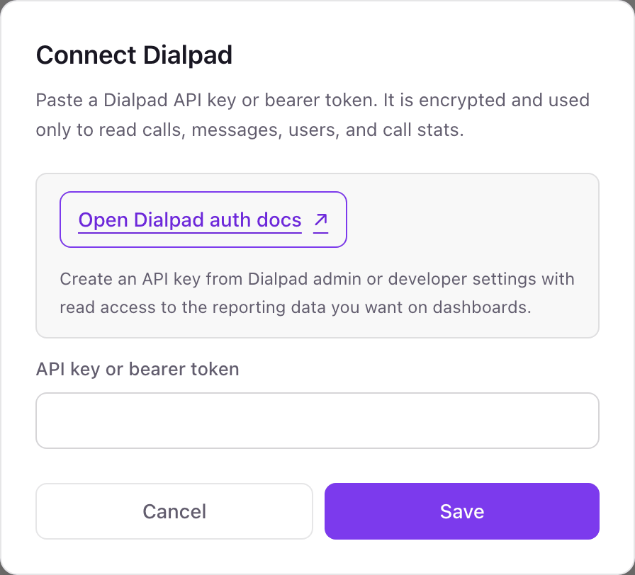 The Connect Dialpad pop-up with a link to Dialpad's auth docs and a single API key or bearer token field