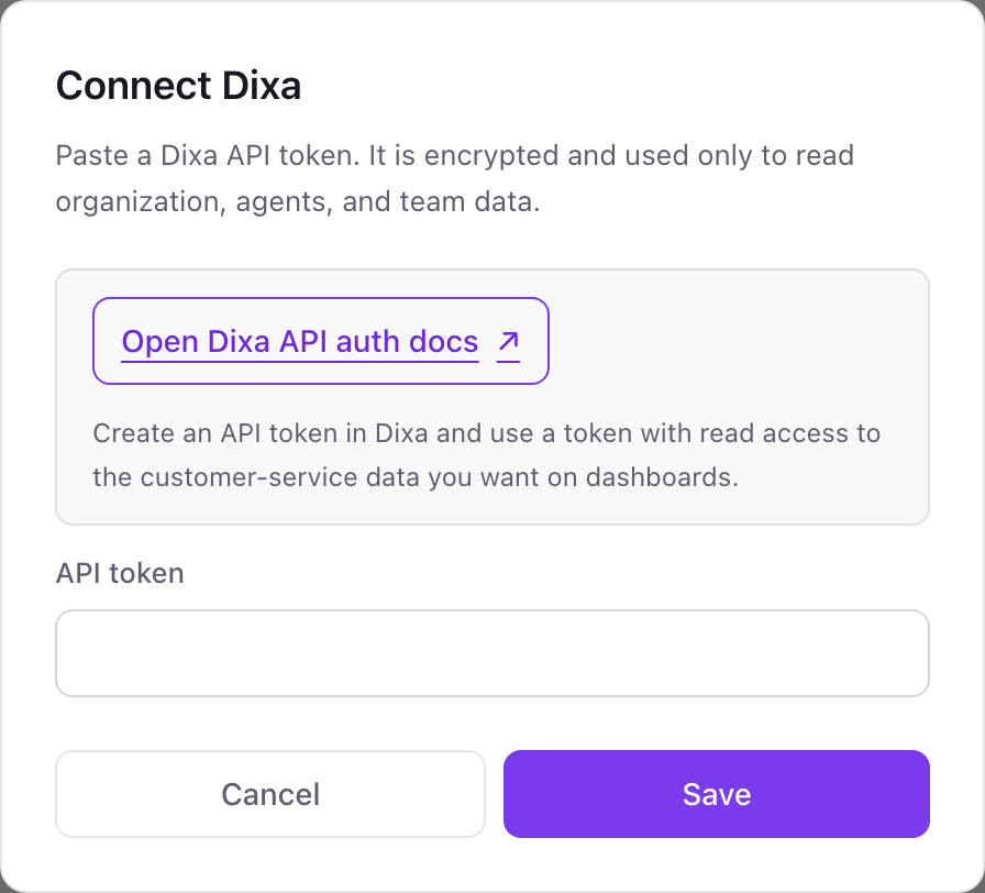The Connect Dixa pop-up with a link to Dixa's API docs and a single API token field
