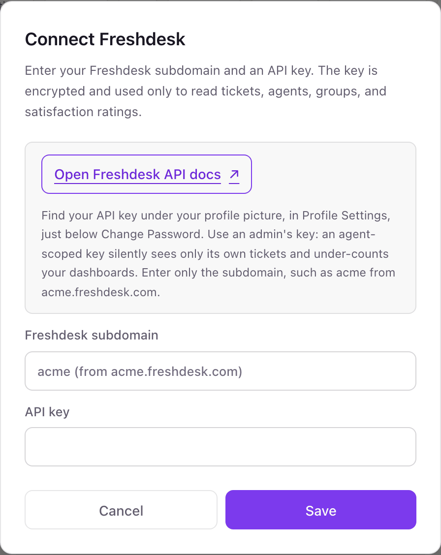 The Connect Freshdesk pop-up with a link to Freshdesk's API docs, advice to use an admin's key, and fields for Freshdesk subdomain and API key