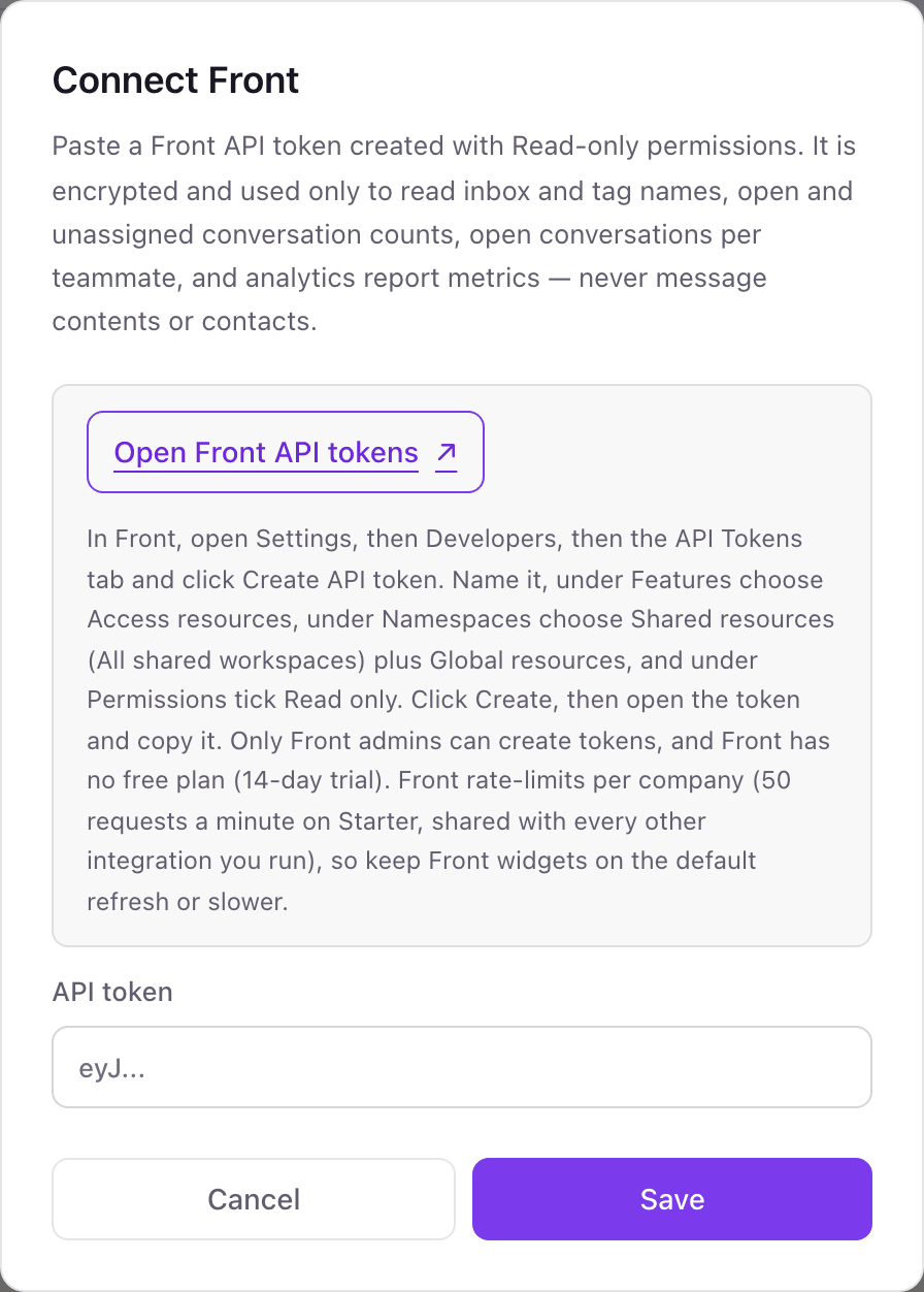 The Connect Front pop-up explaining the Read only token settings, with a link to Front API tokens and an API token field