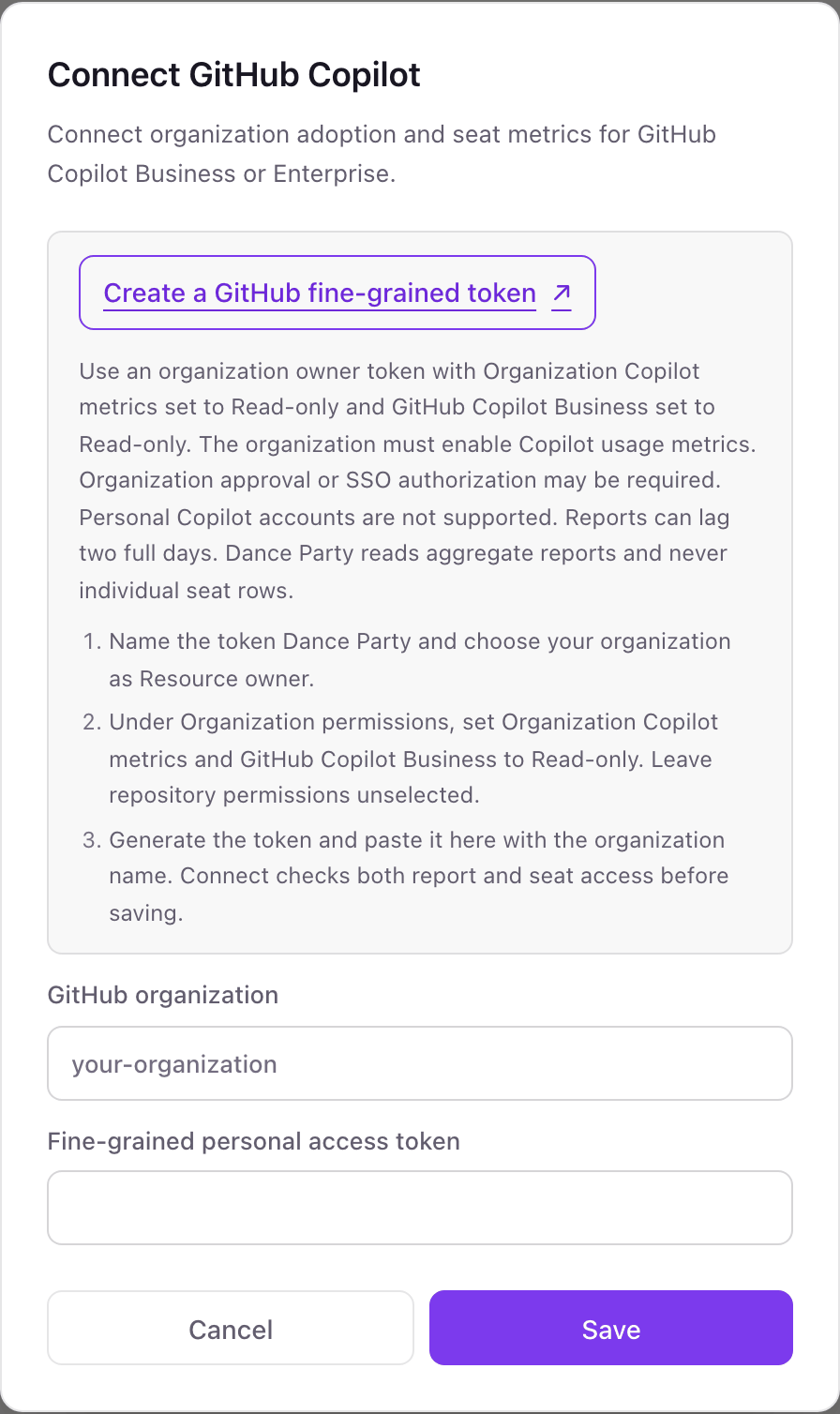 The Connect GitHub Copilot pop-up with a Create a GitHub fine-grained token link, three numbered steps, and the GitHub organization and Fine-grained personal access token fields