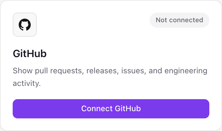 GitHub listed as Not connected on the Dance Party Integrations page, with a purple Connect GitHub button