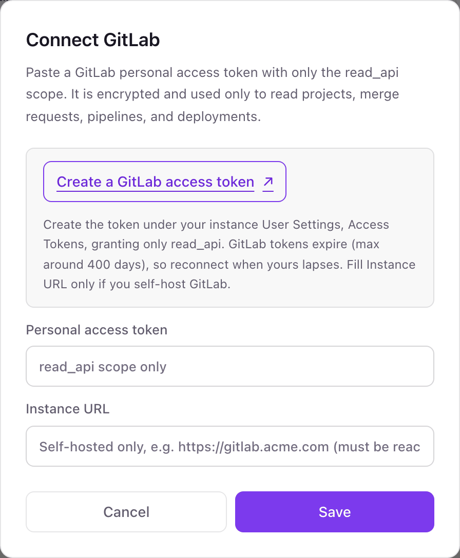 The Connect GitLab pop-up in Dance Party with Personal access token and Instance URL fields and a link to create a GitLab access token