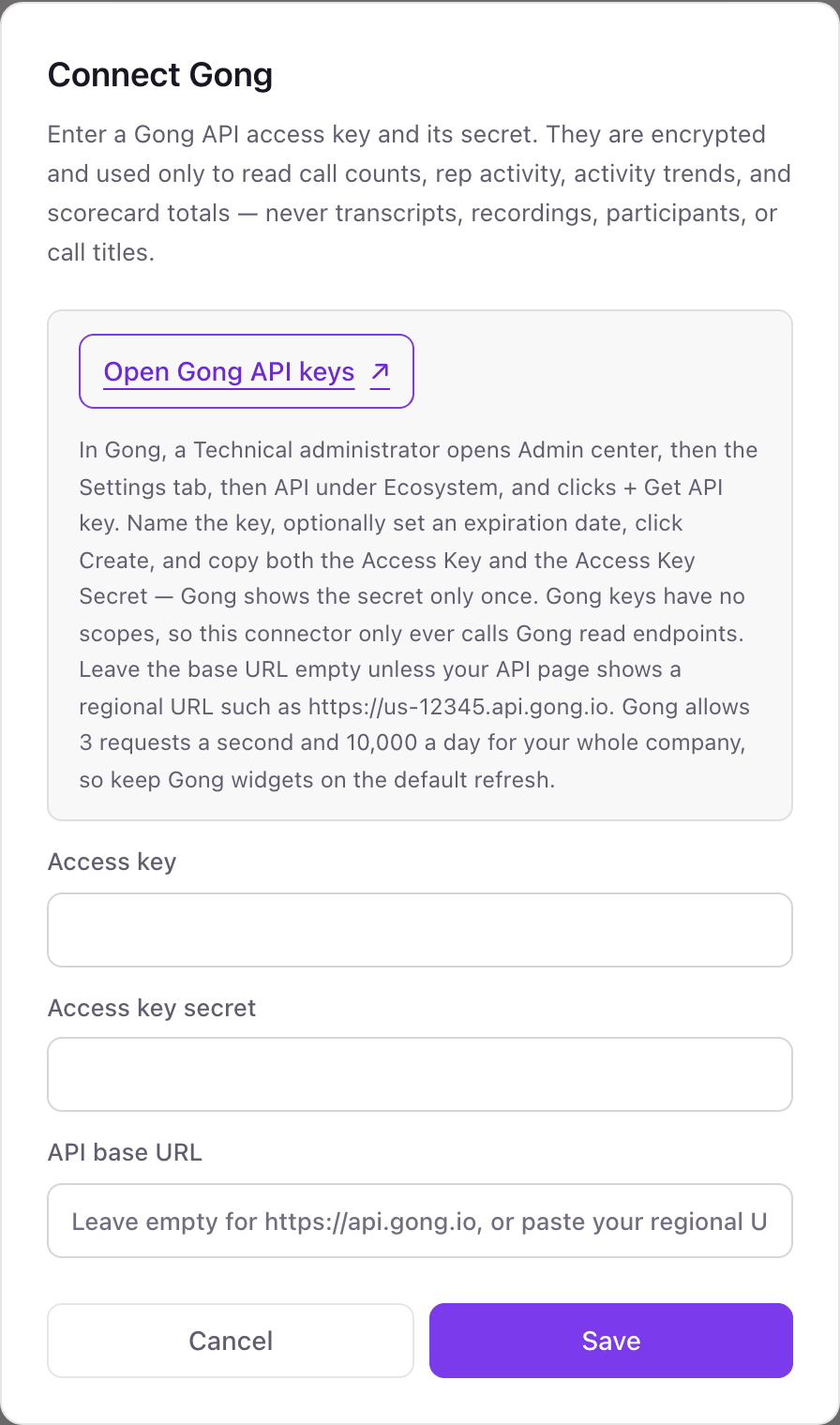 The Connect Gong pop-up with an Open Gong API keys link, steps for creating a key in Admin center, Access key, Access key secret, and API base URL fields, and a Save button