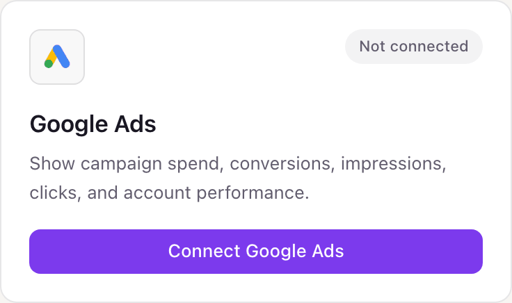 The Google Ads card on the Dance Party Integrations page, marked Not connected, with its Connect Google Ads button