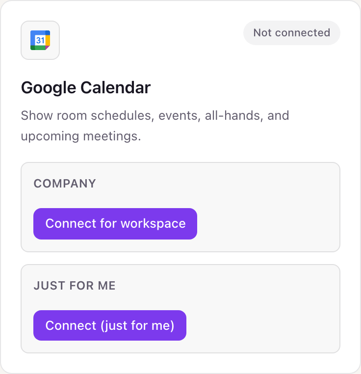 Dance Party's Google Calendar card, not yet connected, offering Connect for workspace in the Company box and Connect (just for me) in the Just for me box