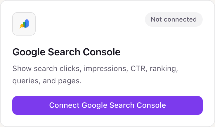 Dance Party's Google Search Console card: the Search Console logo, a Not connected badge, a line about clicks, impressions, CTR and ranking, and a purple Connect Google Search Console button