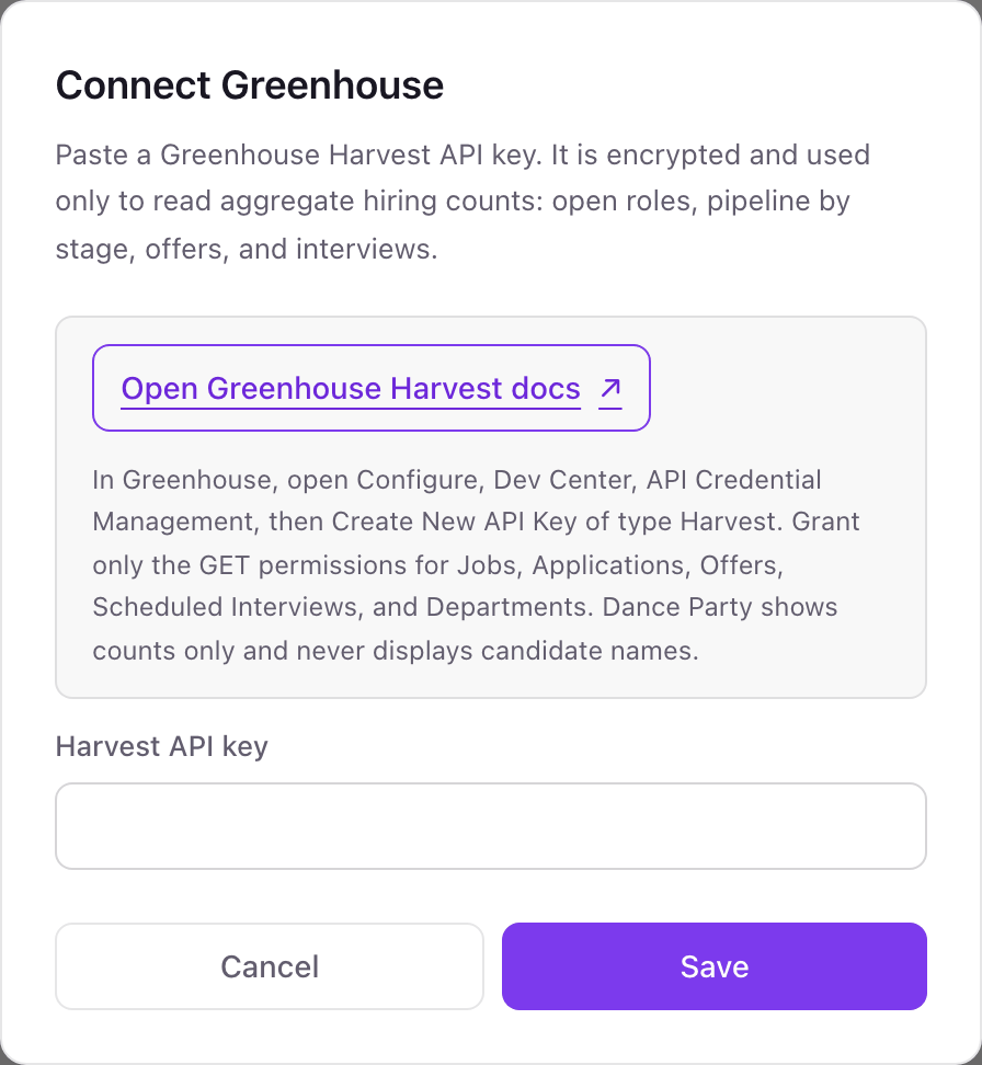 The Connect Greenhouse pop-up in Dance Party with its Harvest API key field and help for creating the key in Dev Center
