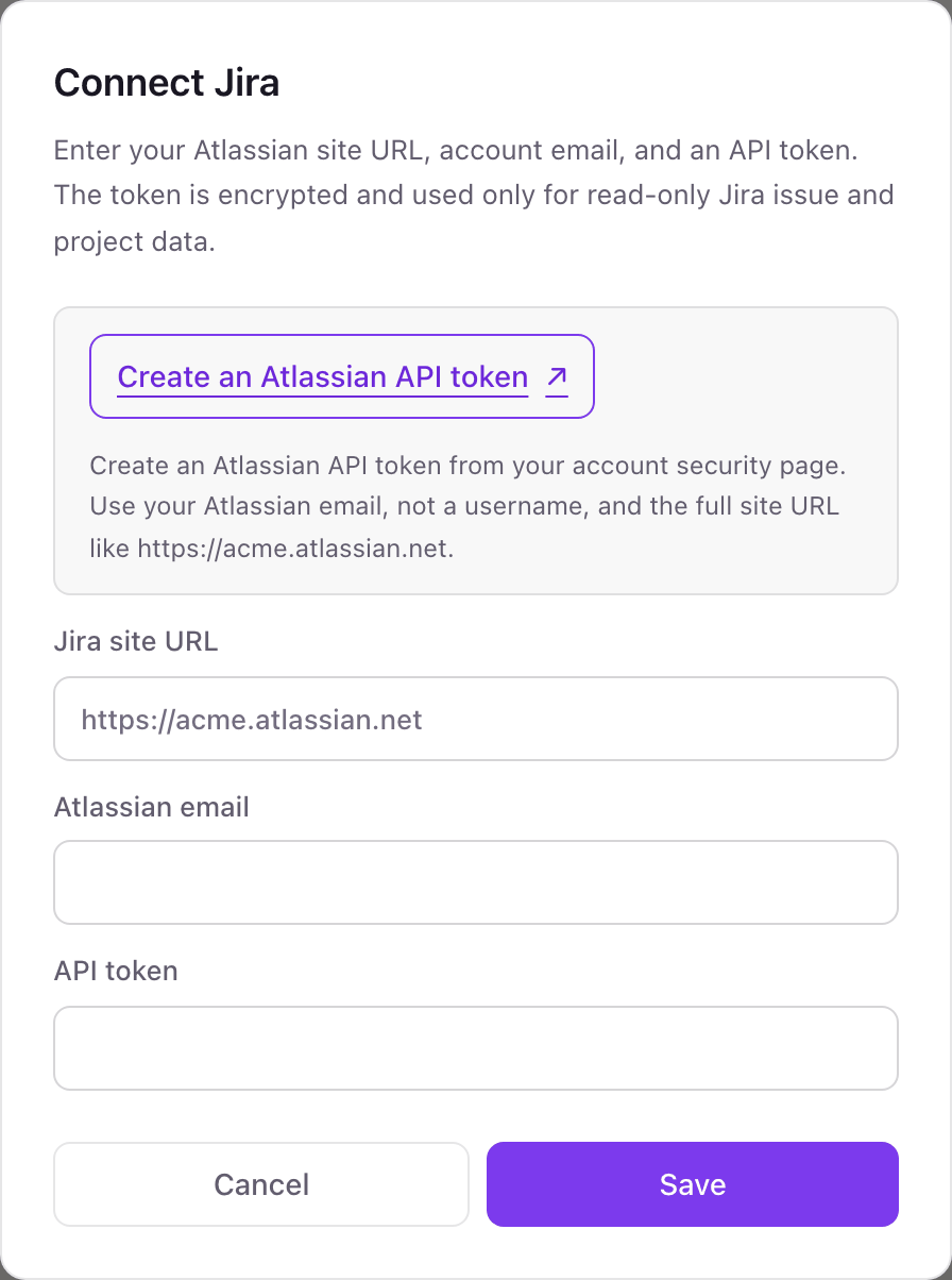 The Connect Jira pop-up in Dance Party with Jira site URL, Atlassian email, and API token fields and a link to create an Atlassian API token