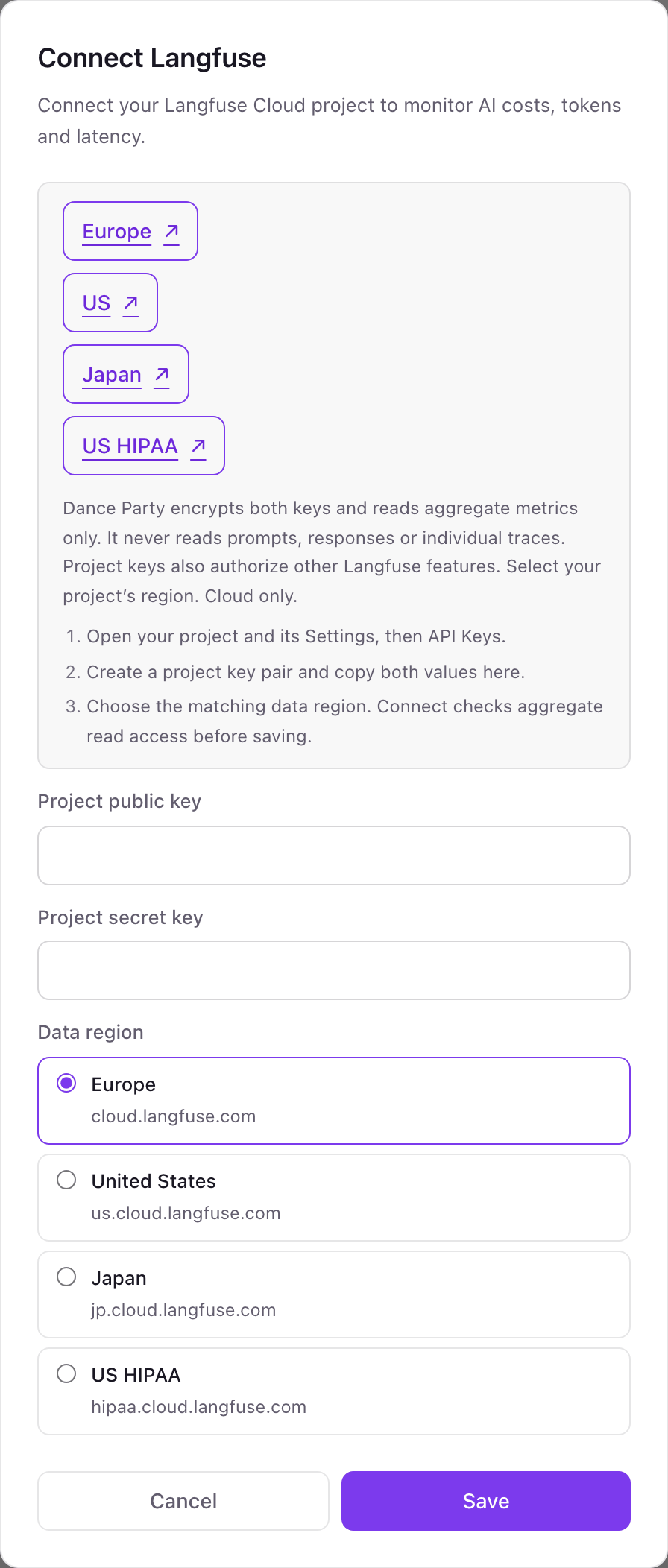 The Connect Langfuse pop-up with region links, three numbered steps, the Project public key and Project secret key fields, and a Data region choice of Europe, United States, Japan, or US HIPAA