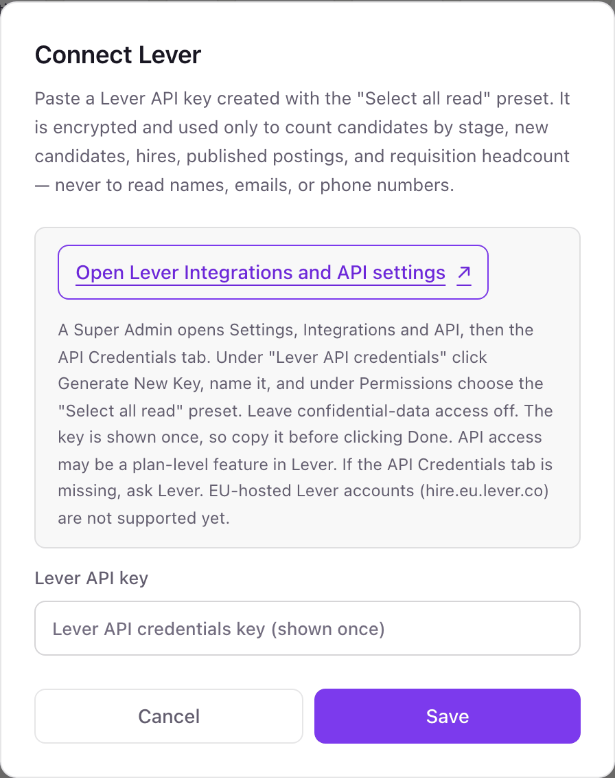 The Connect Lever pop-up in Dance Party with its Lever API key field and steps for the Select all read preset