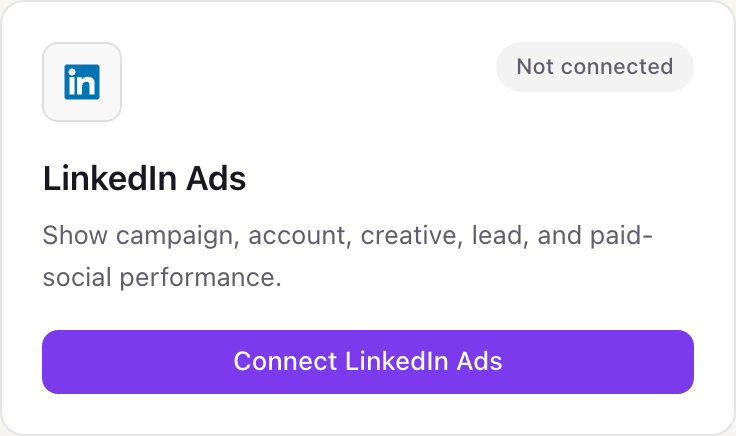 The LinkedIn Ads card on the Dance Party Integrations page, marked Not connected, with its Connect LinkedIn Ads button