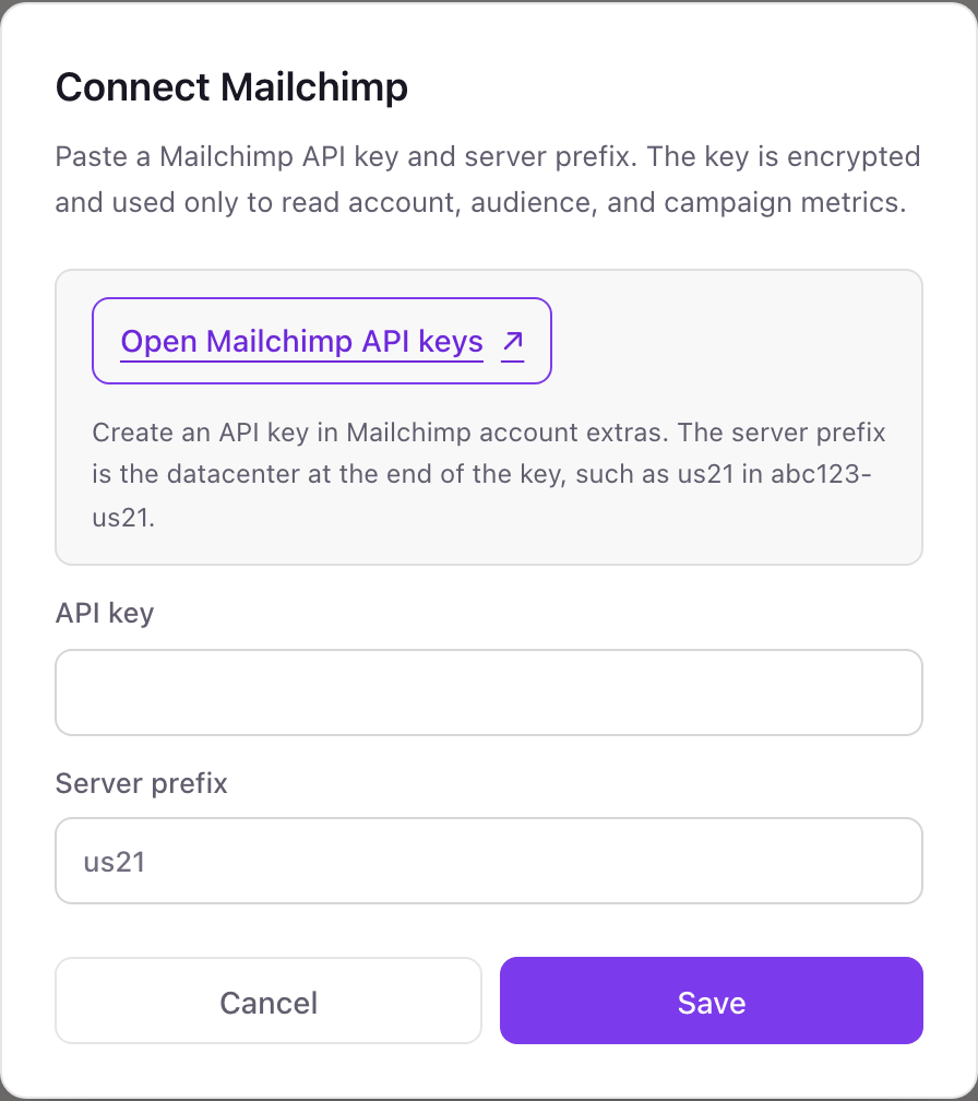 The Connect Mailchimp pop-up with an Open Mailchimp API keys button, API key and Server prefix fields, and Cancel and Save buttons