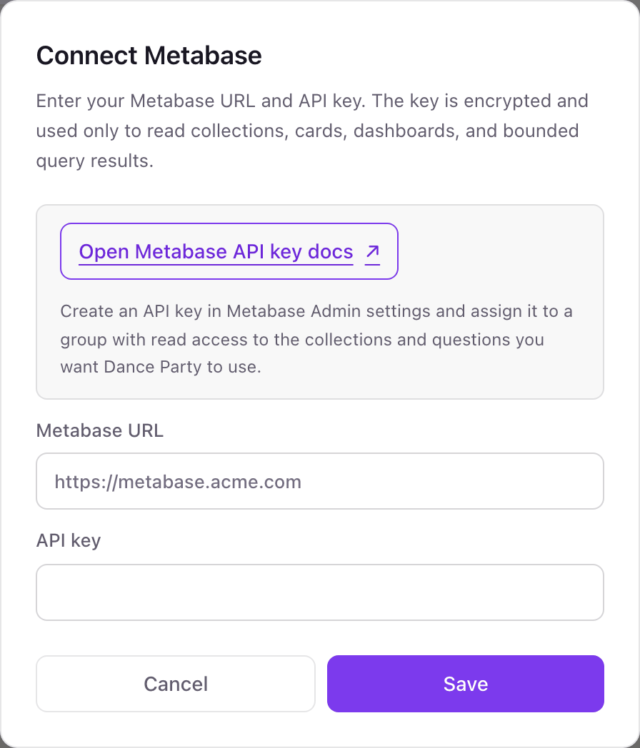 The Connect Metabase pop-up with a Metabase URL field, an API key field, a link to the Metabase API key docs, and a Save button