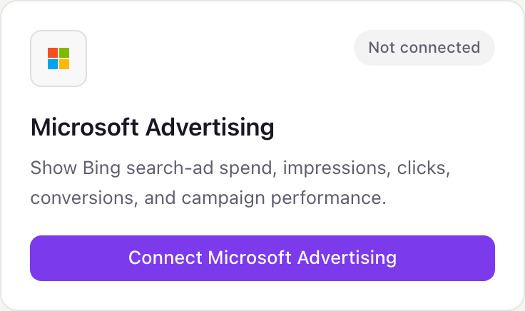 The Microsoft Advertising card on the Dance Party Integrations page, marked Not connected, with its Connect Microsoft Advertising button