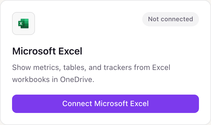 Dance Party's Microsoft Excel card, reading Show metrics, tables, and trackers from Excel workbooks in OneDrive, with a Connect Microsoft Excel button