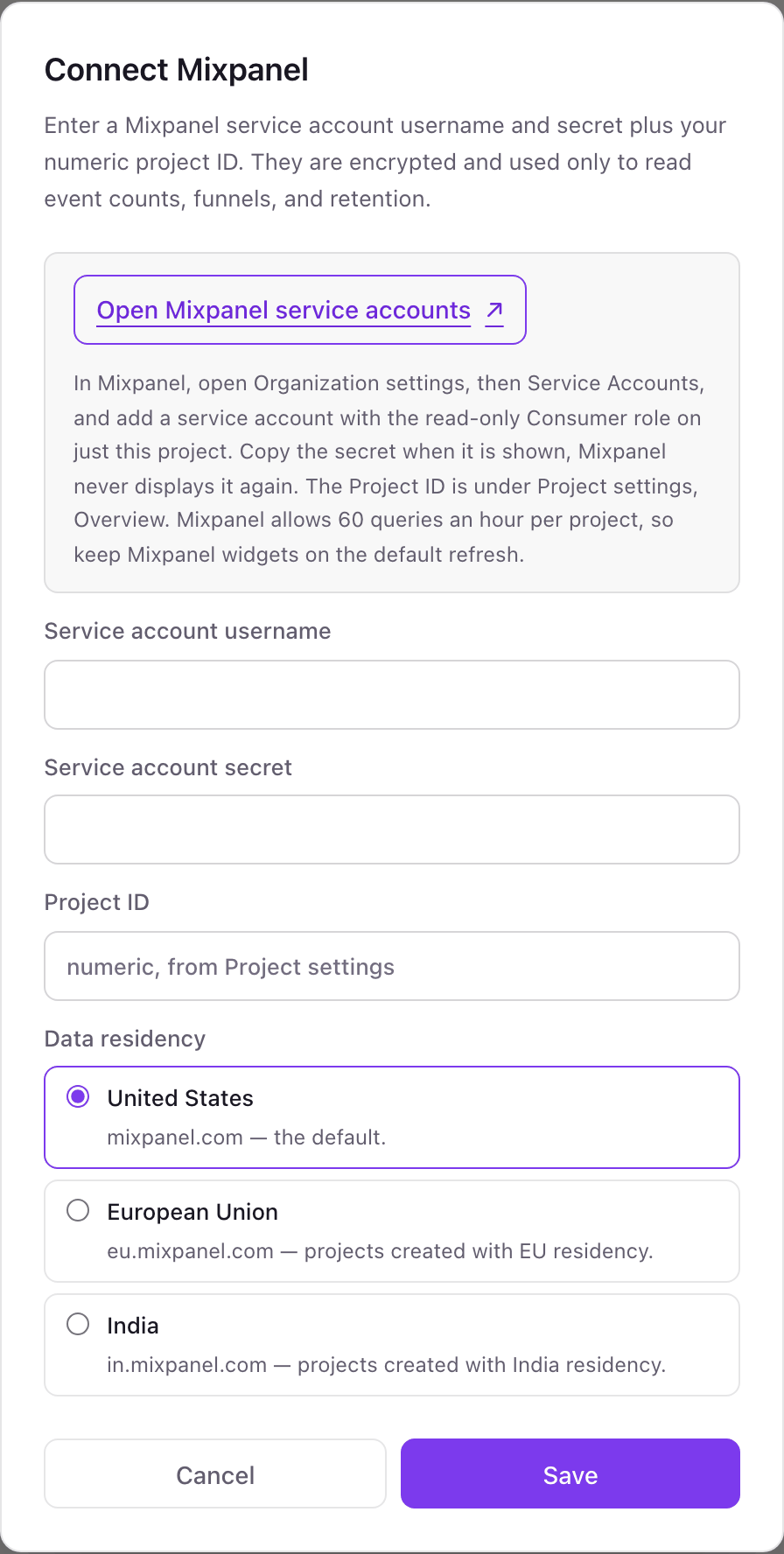 The Connect Mixpanel pop-up with Service account username, Service account secret and Project ID fields, a Data residency choice of United States, European Union or India, and a Save button