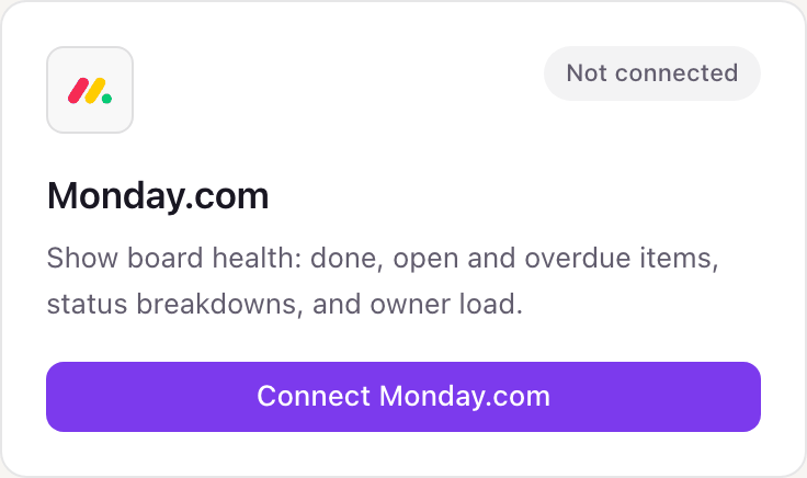 The Monday.com card on the Dance Party Integrations page, reading Show board health: done, open and overdue items, status breakdowns, and owner load, with a Connect Monday.com button