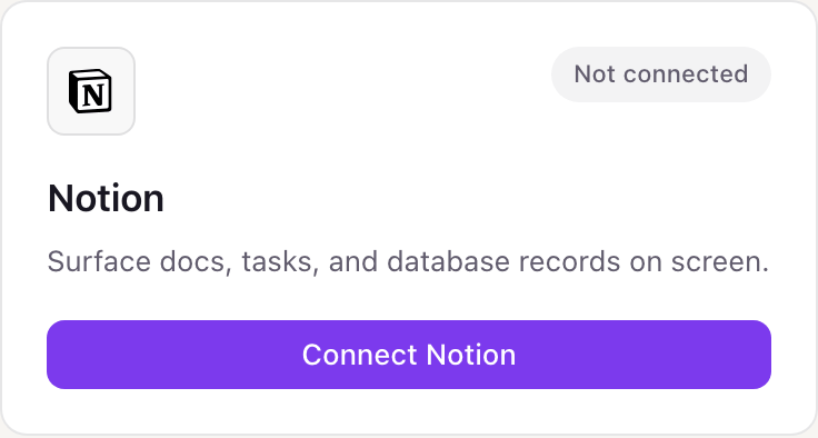 The Notion card on the Dance Party Integrations page, reading Surface docs, tasks, and database records on screen, with a Connect Notion button