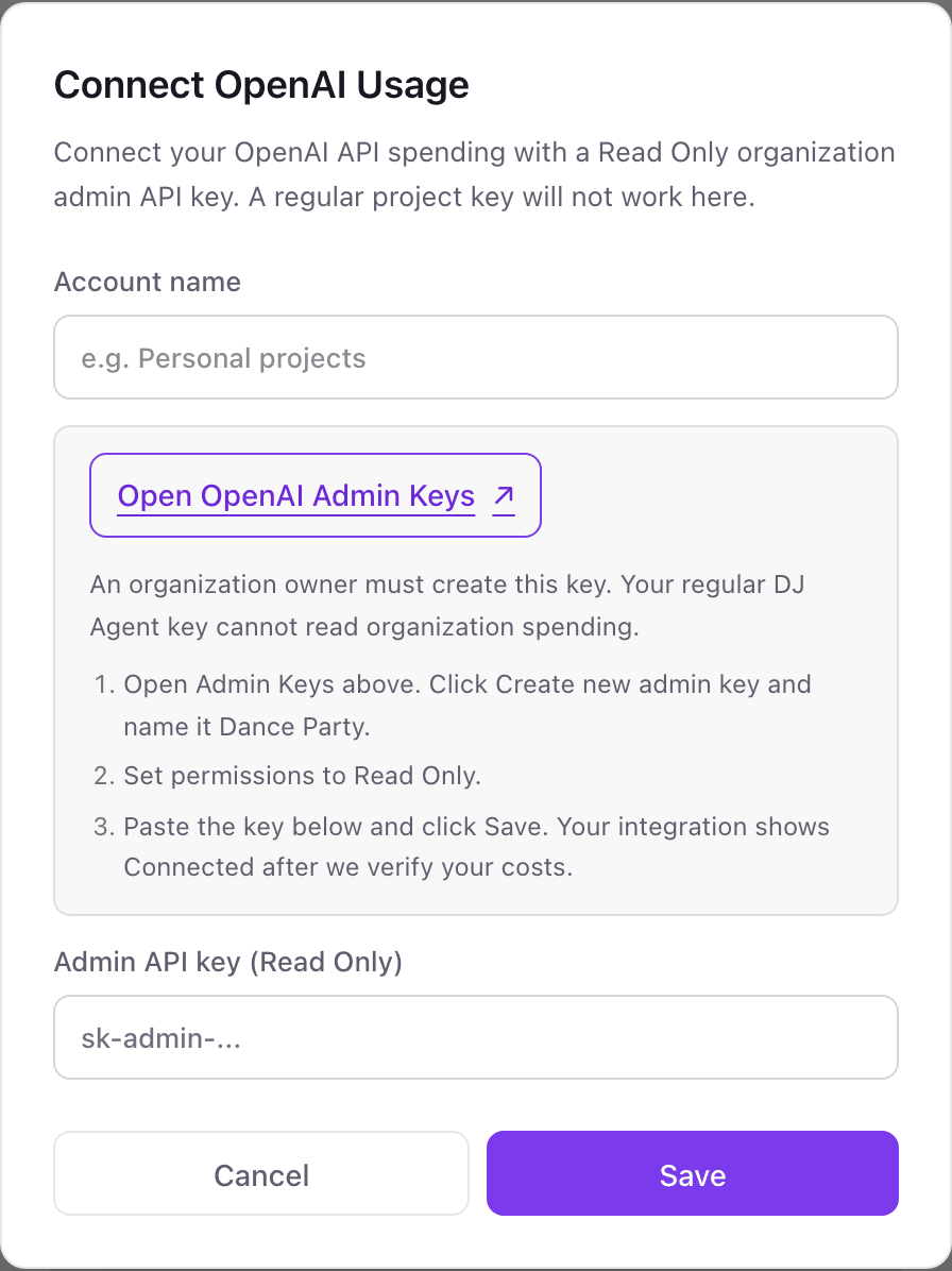 The Connect OpenAI Usage pop-up with an Account name field, an Open OpenAI Admin Keys link, three numbered steps, and the Admin API key (Read Only) field