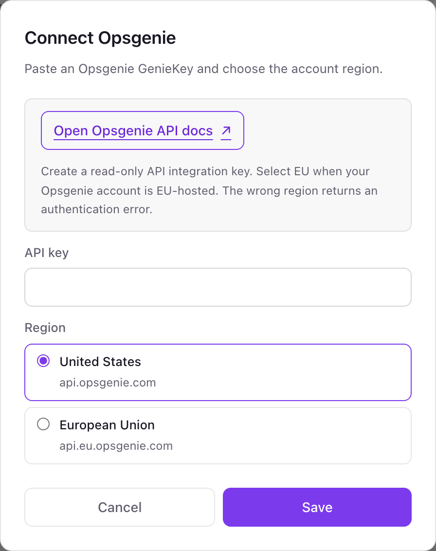 The Connect Opsgenie pop-up with an API key field and a Region choice between United States (api.opsgenie.com) and European Union (api.eu.opsgenie.com)